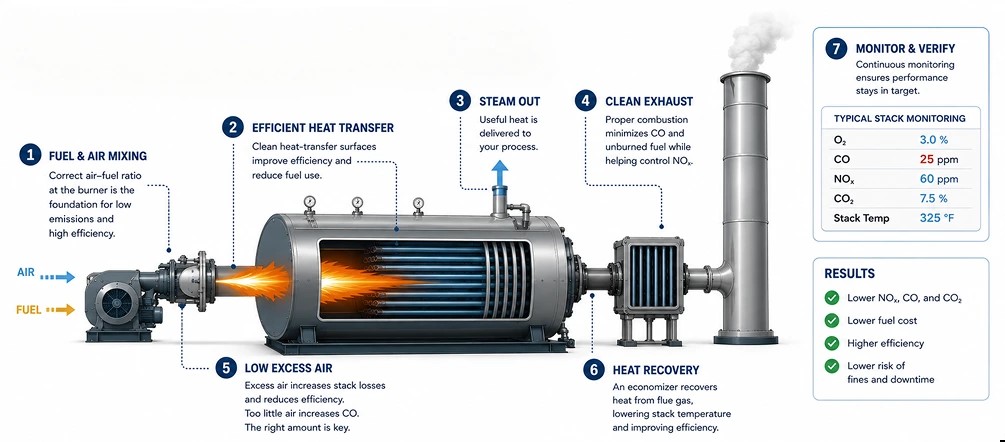 A low NOx burner mounted on the front head of an industrial boiler, with the gas train and control linkage visible