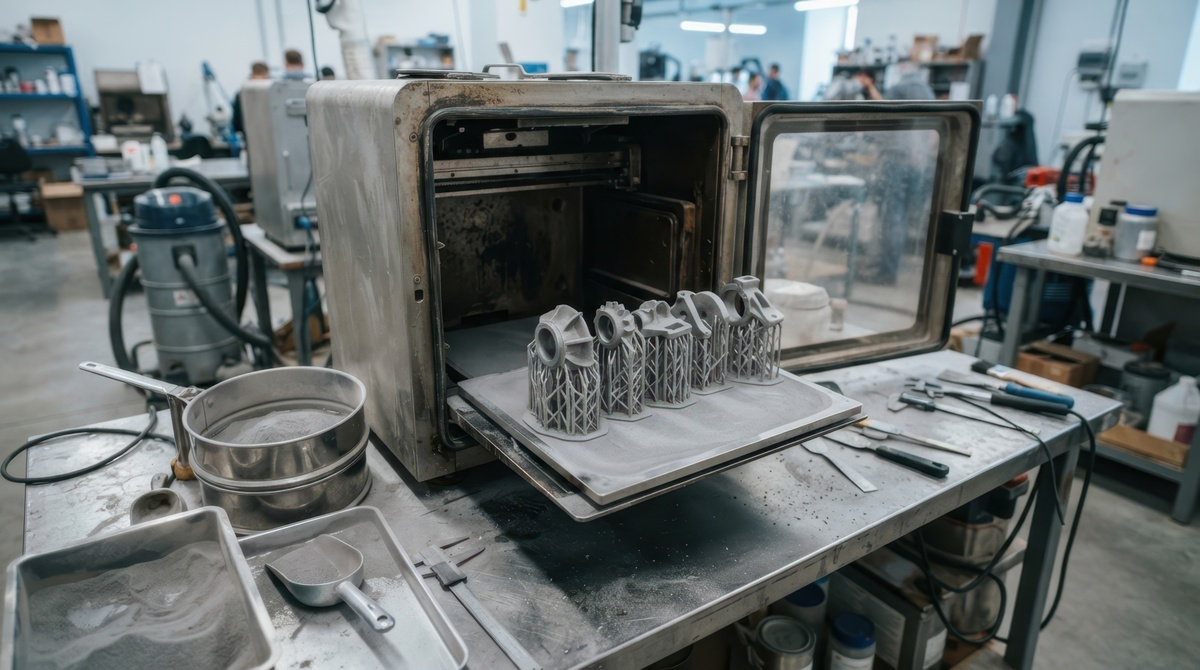 Metal additive manufacturing build with production parts still attached to the build plate and support structures.