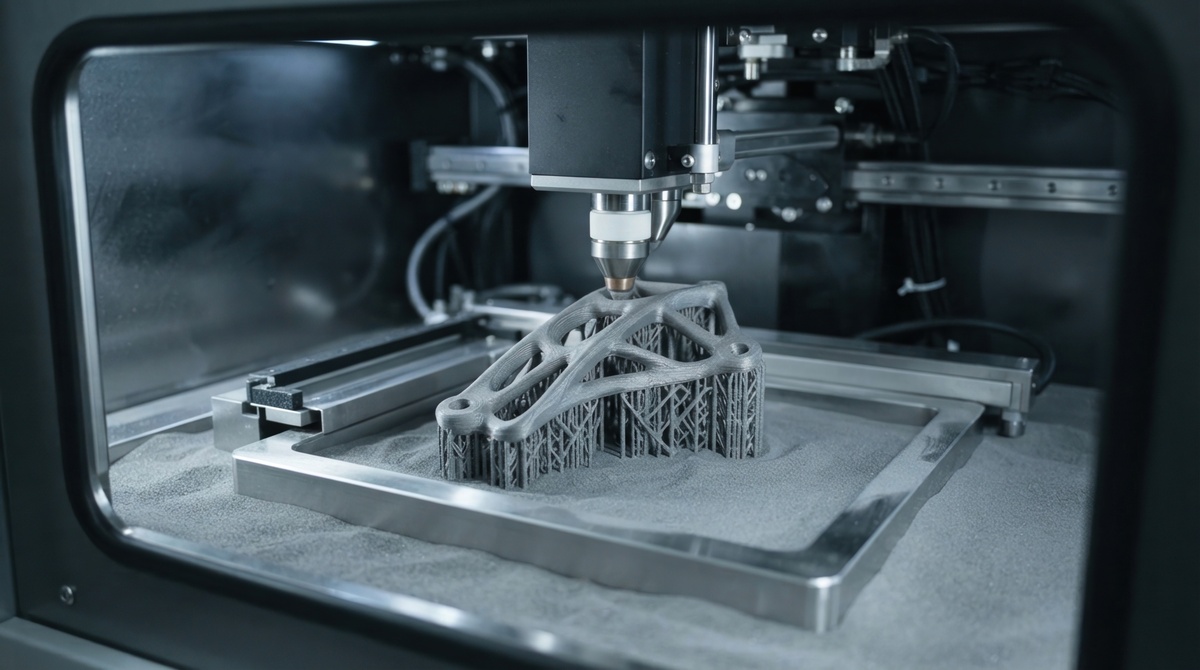 Metal additive manufactured parts still attached to a build plate with support structures before post-processing.