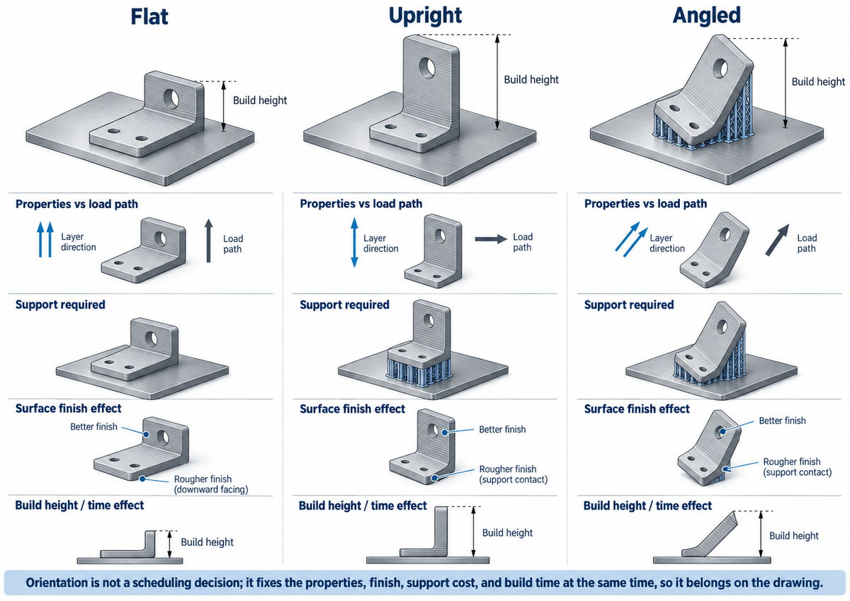 Three-panel diagram showing the same L-shaped bracket built in flat, upright, and angled orientations on a build plate. Each orientation compares four consequences: layer direction relative to the load path, where support structures are required, which surfaces have rougher or better finish, and the resulting build height, illustrating how orientation affects properties, finishing effort, support cost, and build time.
