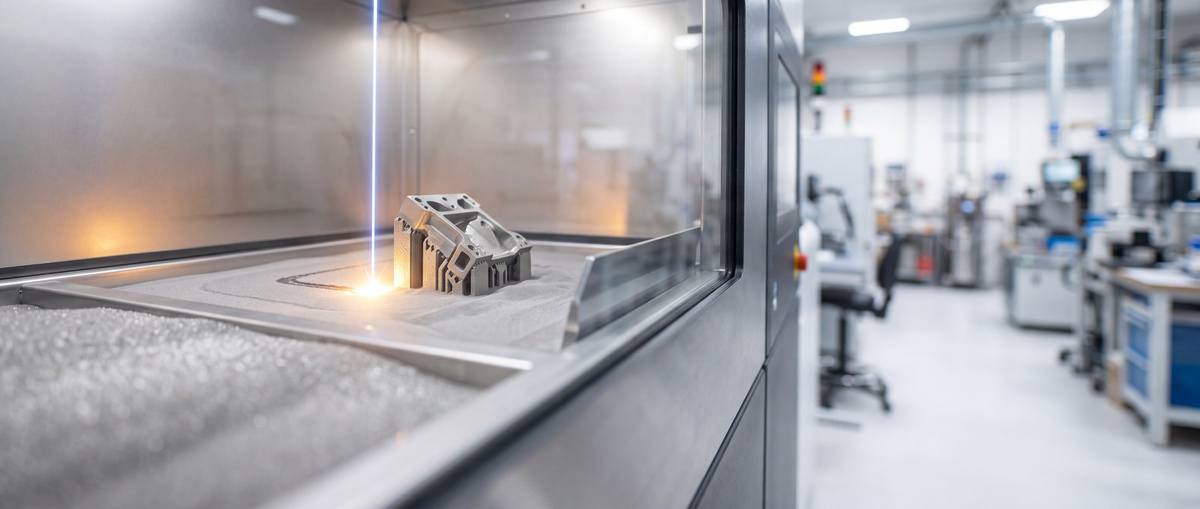 Metal additive manufacturing production cell with powder handling equipment and multiple parts built on a production plate.