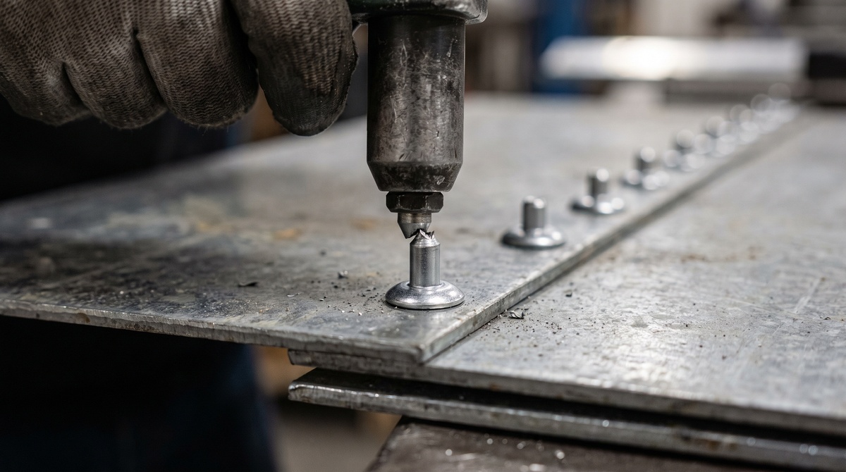 Mechanical fastener being installed in a sheet-metal industrial assembly.