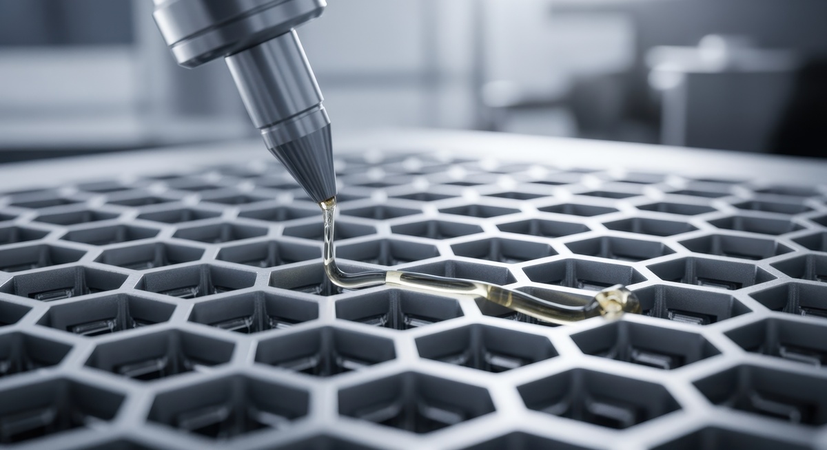 Structural adhesive being dispensed onto an industrial component before bonded assembly.