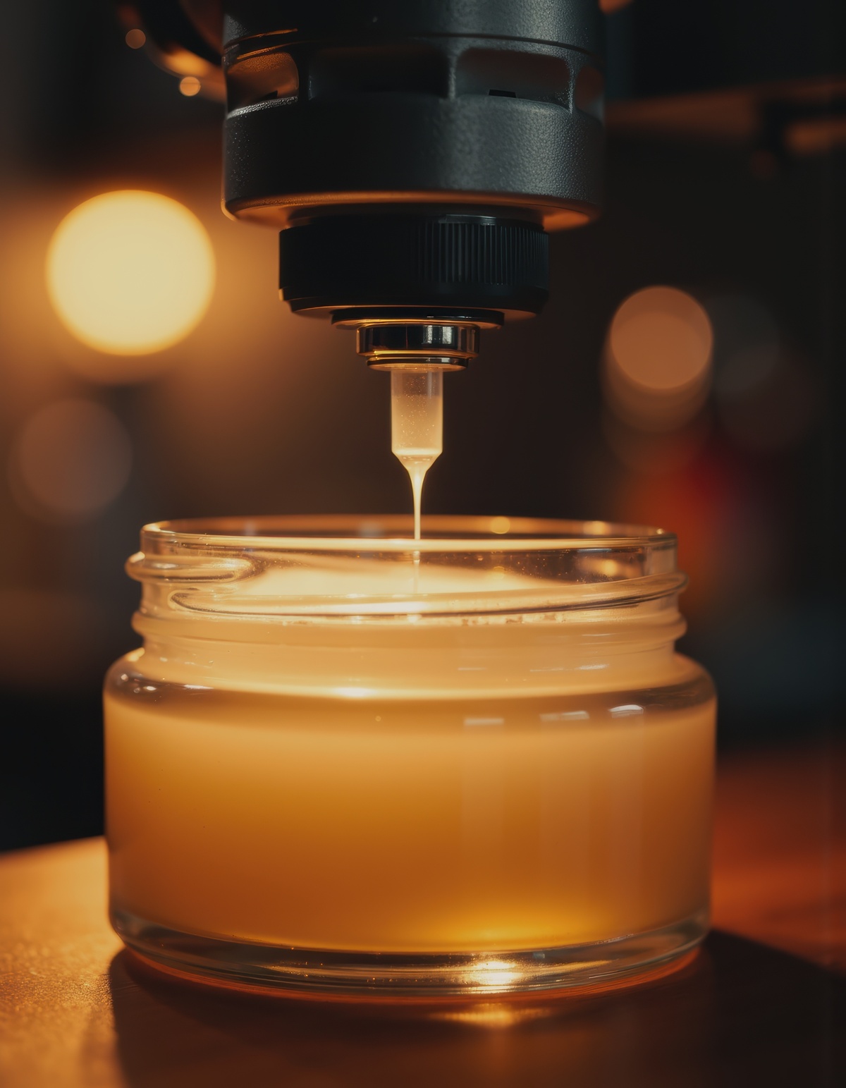 Industrial adhesive being precisely dispensed onto a manufactured component during assembly.