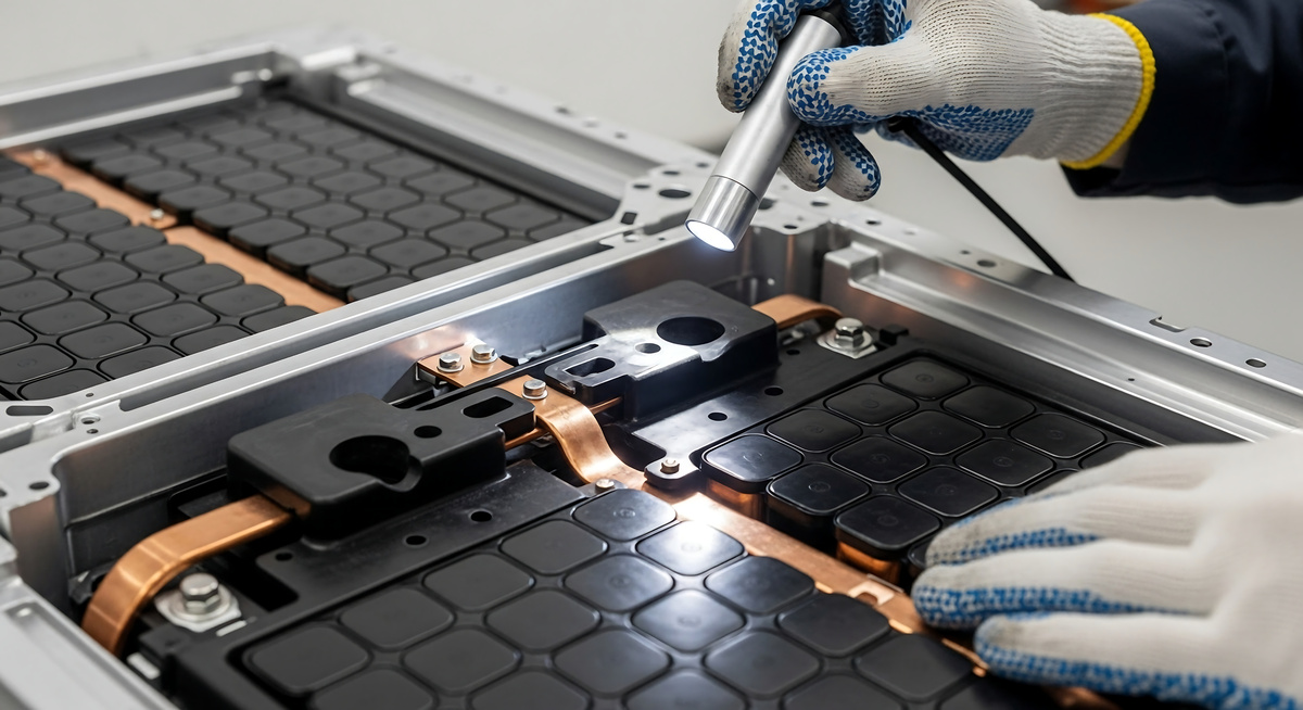 Engineer testing an assembled battery module and its electrical connections.