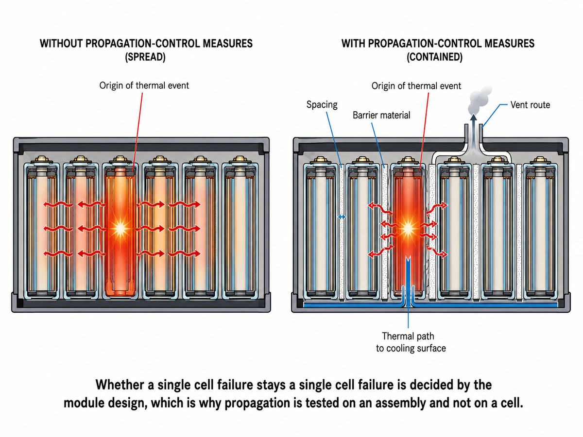 Side-by-side battery module diagram comparing thermal runaway propagation. Left: heat from one failing cell spreads to adjacent cells. Right: spacing, barrier materials, a cooling path, and a vent route contain the event to the origin cell.