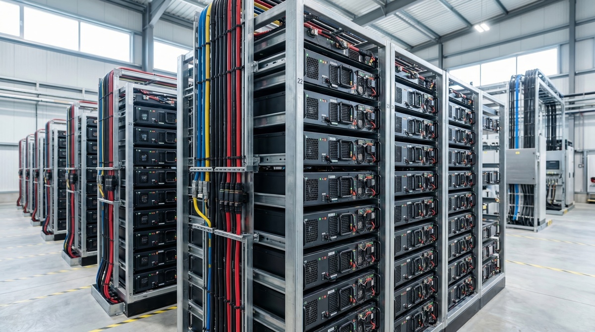 Battery energy storage components including busbars, modules, and enclosures assembled into a stationary energy storage system.