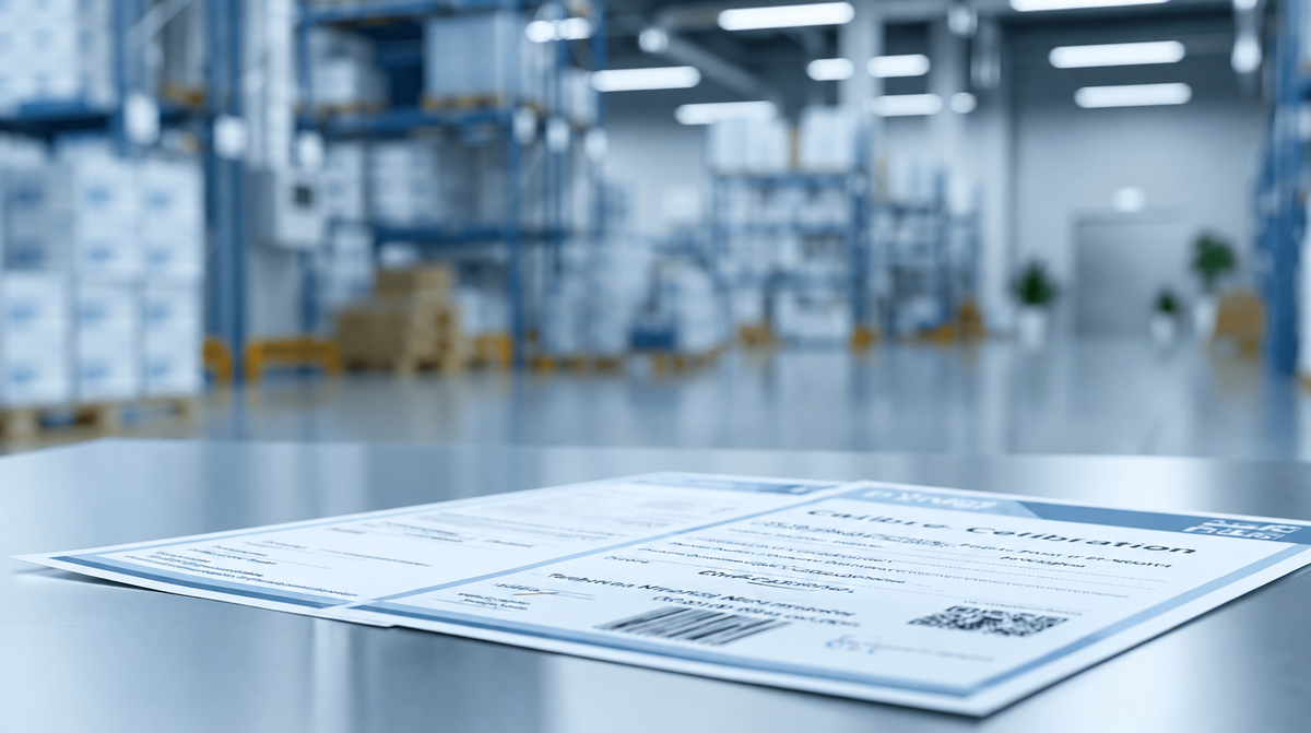 Calibration certificate showing instrument identification, measured values, uncertainty, and accreditation information.