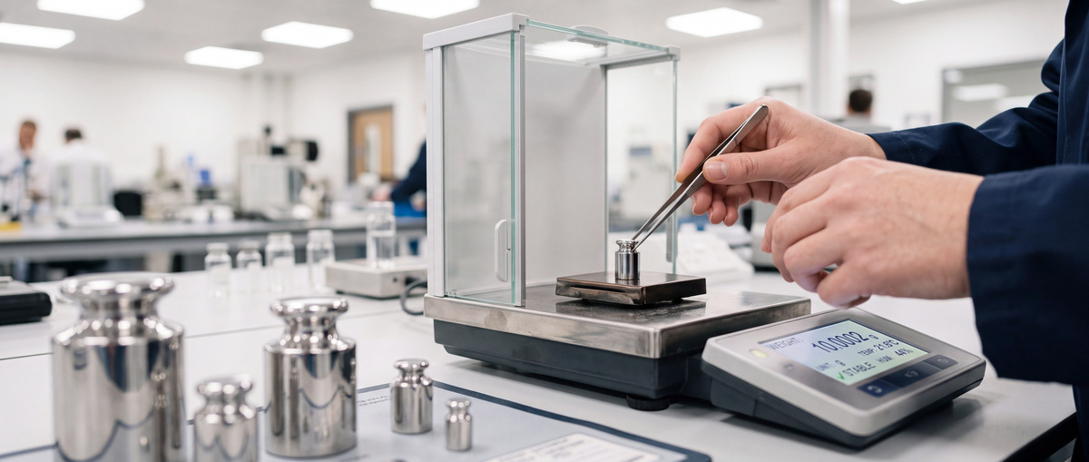 Calibration technician using gauge blocks and precision measurement equipment in a controlled metrology laboratory.