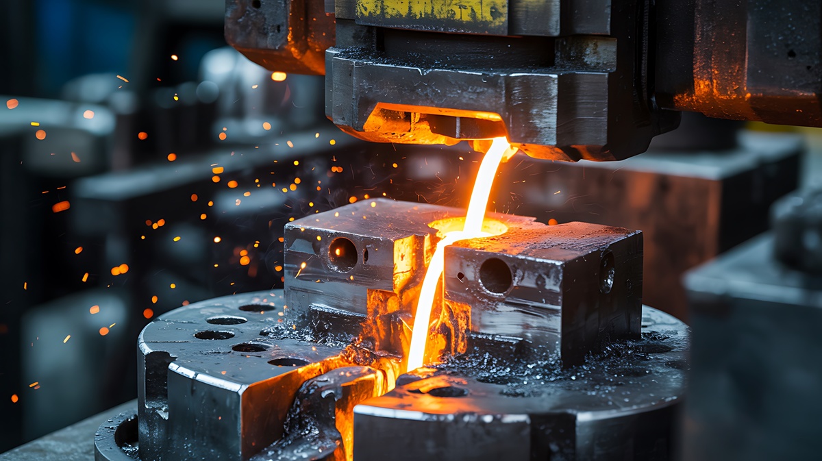 Industrial metal components being produced through casting and forging processes.