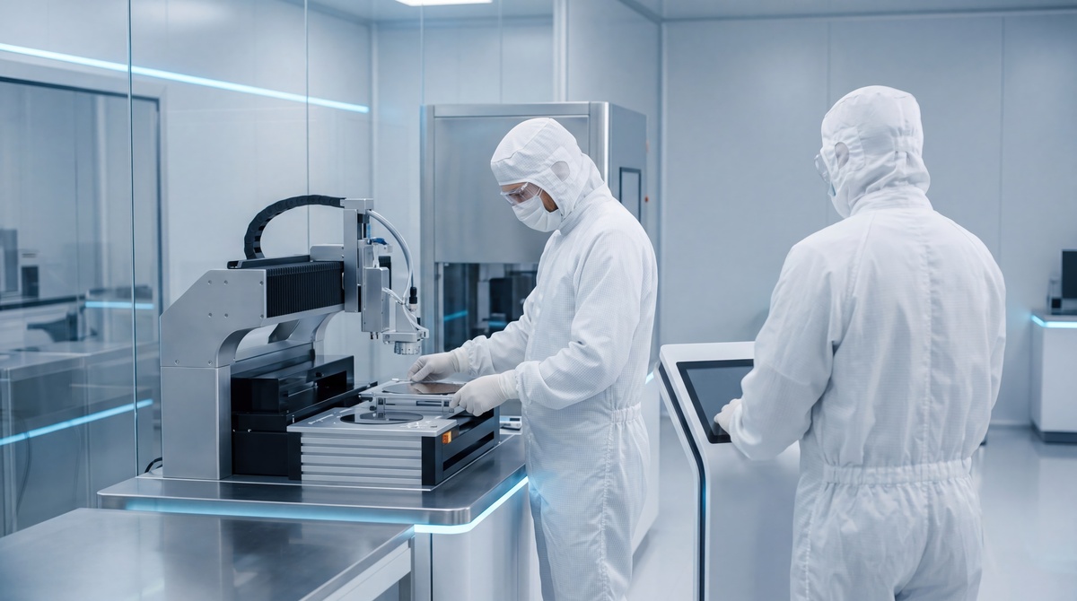 Technician using a particle counter to verify airborne cleanliness inside a controlled cleanroom.