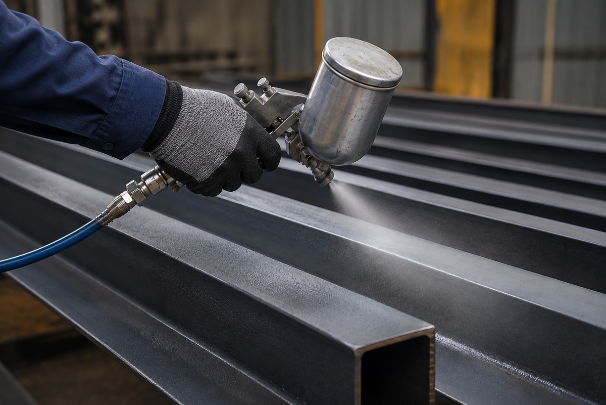 Technician applying a corrosion-resistant protective coating to structural steel.