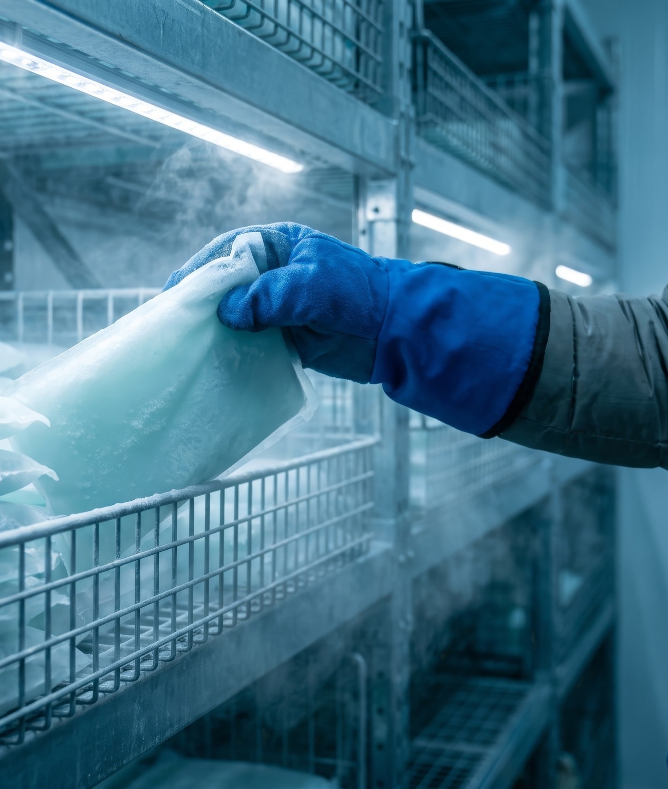 Gloved hands placing temperature-sensitive vaccine vials into an insulated cold shipping container with gel ice packs for safe cold chain transport.