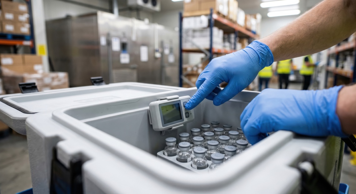 Temperature data logger used to monitor conditions inside a cold chain shipping package.