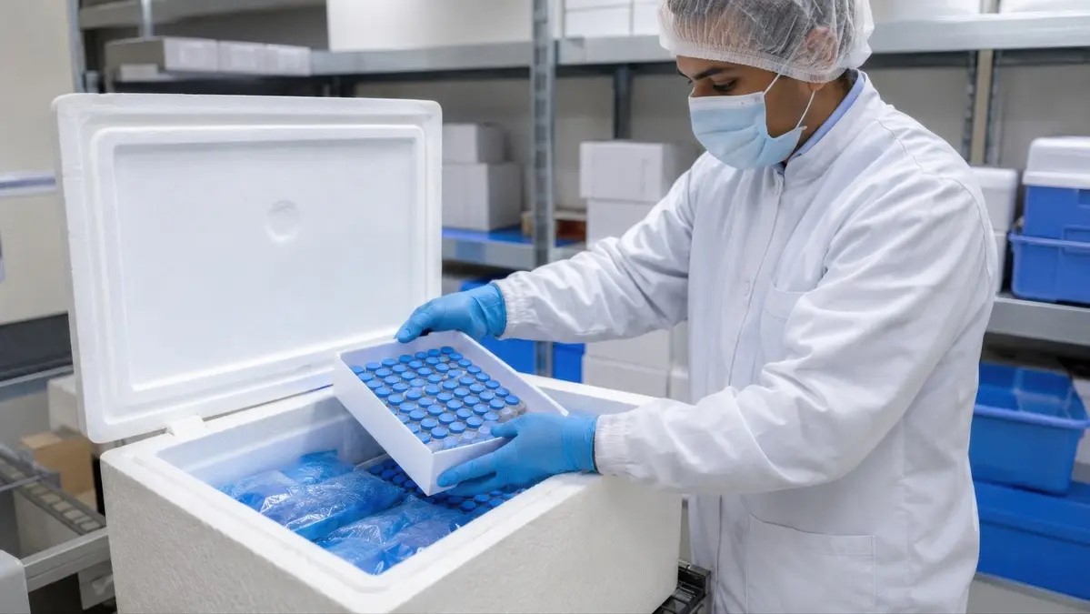 Temperature-controlled cold chain shipping containers being loaded for pharmaceutical and food distribution.
