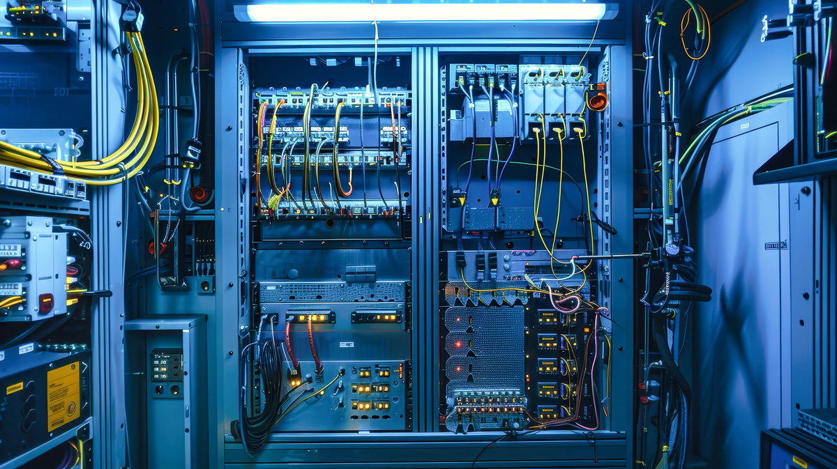 Open industrial control panel with breakers, contactors, terminal blocks, DIN rail components, and labeled wiring.