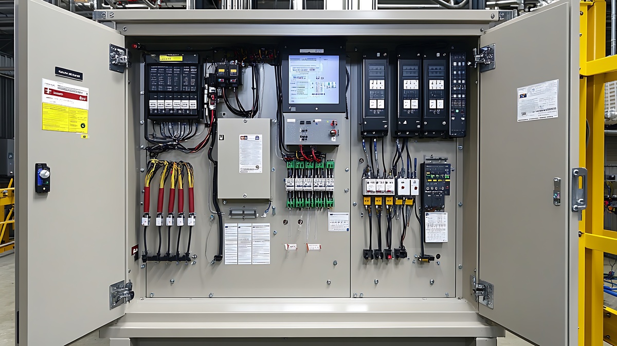 Industrial control panel nameplate showing identification and electrical rating information.
