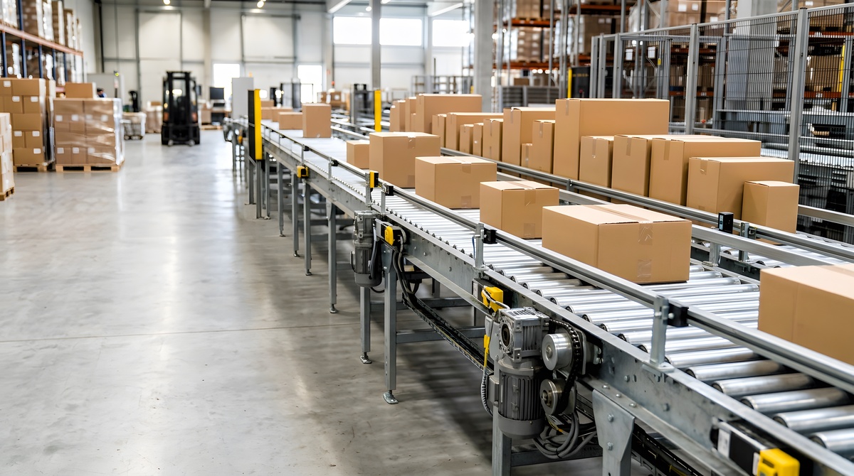 Integrated conveyor system moving products through a distribution facility using multiple conveyor sections and transfer points.