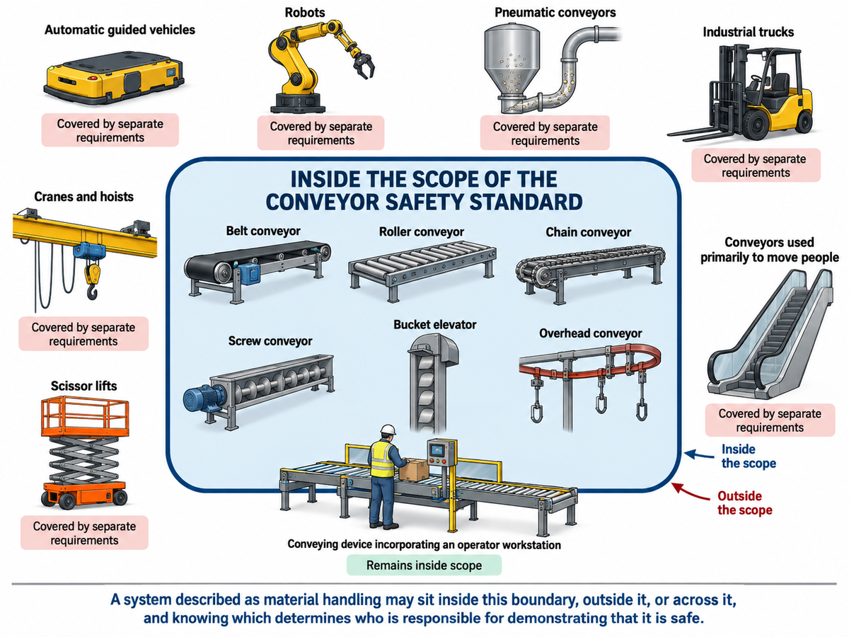 Diagram showing the scope boundary of a conveyor safety standard. Inside the boundary are belt, roller, chain, screw, bucket elevator, and overhead conveyors, plus a conveying device with an operator workstation shown on the boundary and still inside scope. Outside the boundary are automatic guided vehicles, robots, pneumatic conveyors, industrial trucks, cranes and hoists, scissor lifts, and conveyors used primarily to move people, each labeled as covered by separate requirements.