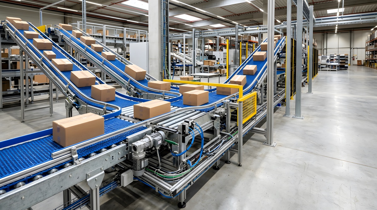 Automated conveyor system moving and accumulating cartons through a distribution facility.