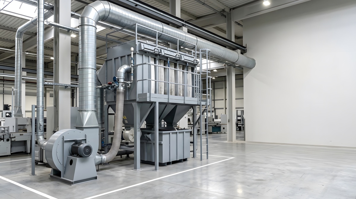 Industrial dust collection system connected to process equipment through plant ductwork.