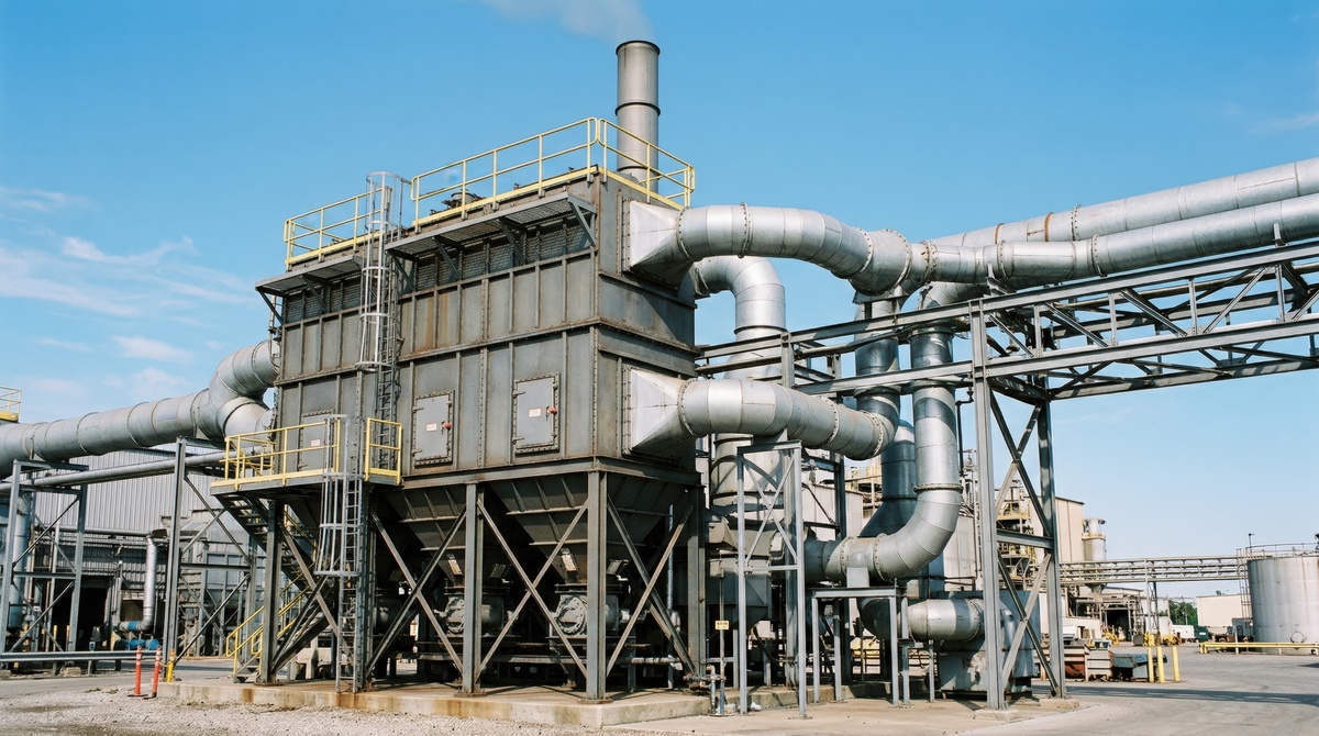 Large industrial dust collection system with ductwork and filtration equipment used to capture airborne particles and maintain air quality in a manufacturing facility.