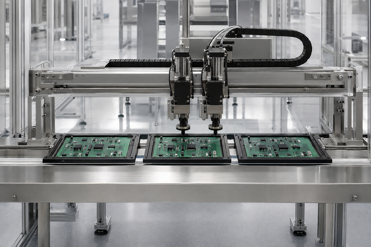 Automated SMT production line assembling populated printed circuit boards in an electronics manufacturing facility.