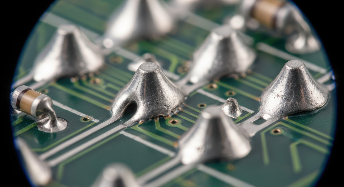 Close-up of a populated printed circuit board showing surface-mount components, solder joints, and board markings.