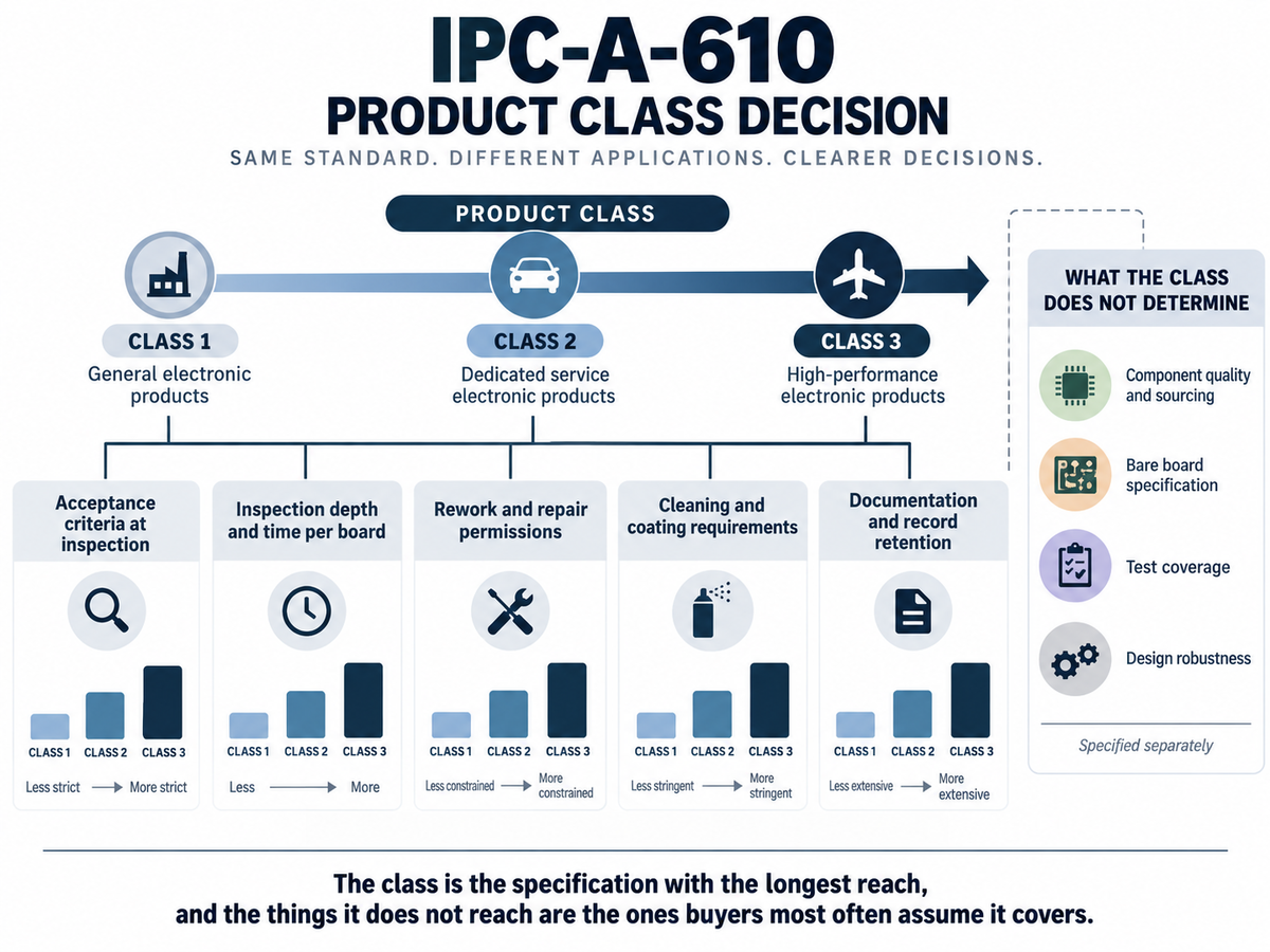 Diagram showing IPC-A-610 product Classes 1, 2, and 3 along a horizontal scale, with branches illustrating how class affects inspection acceptance criteria, inspection depth, rework and repair permissions, cleaning and coating requirements, and documentation. A separate box shows items specified independently, including component quality and sourcing, bare board specification, test coverage, and design robustness.