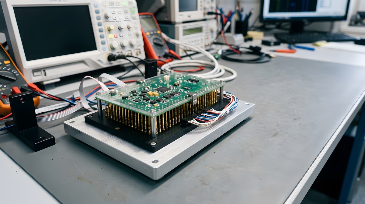 Printed circuit board undergoing electrical testing in an in-circuit test fixture during electronics manufacturing.