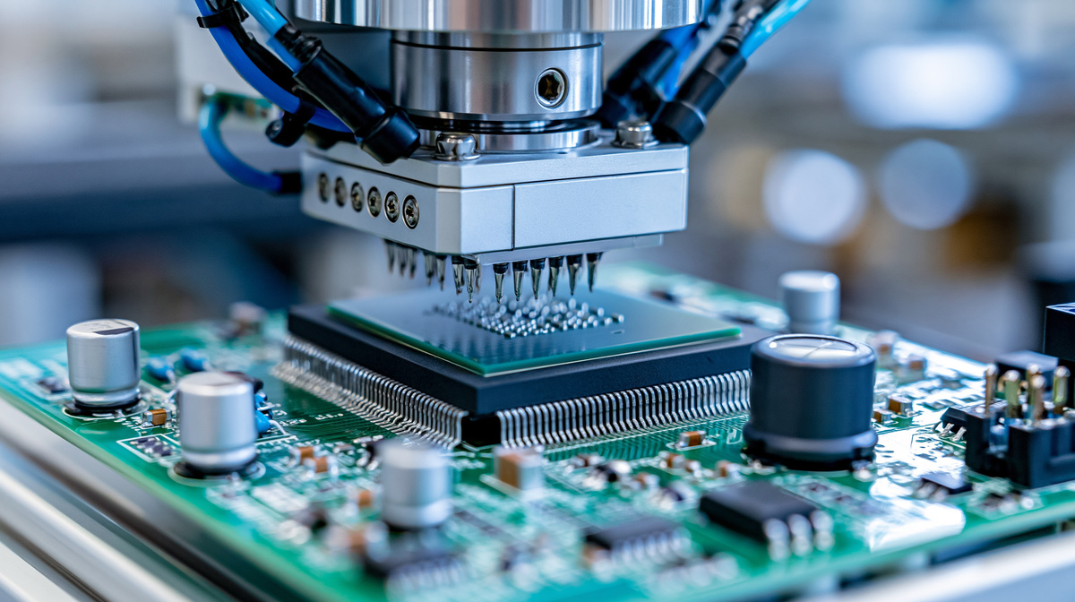 Automated SMT line placing electronic components onto printed circuit boards during production.