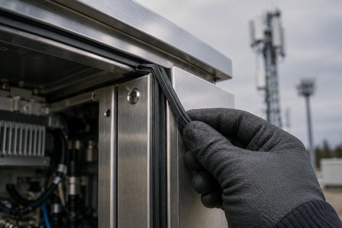 Conductive EMI gasket installed along the joint of an electronic enclosure