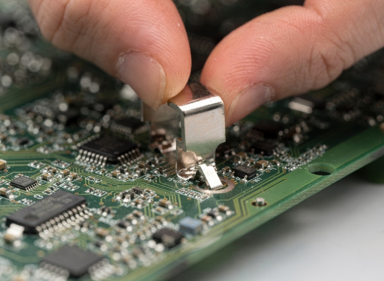 Close-up of an EMI/RFI shielding component being installed on a printed circuit board to protect sensitive electronics from electromagnetic and radio frequency interference.