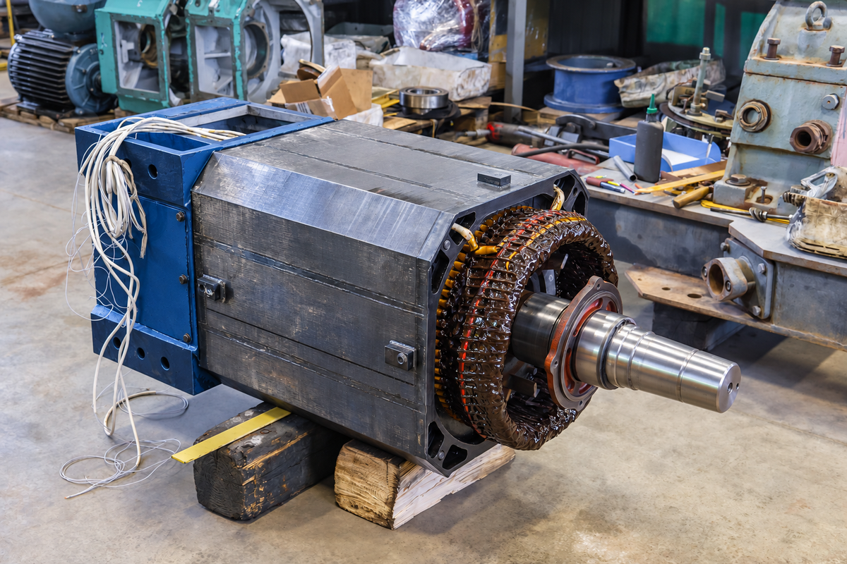 Industrial equipment rebuild shop with a major machine component disassembled for inspection and overhaul.