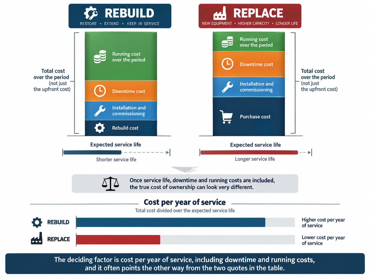 Side-by-side comparison of equipment rebuild and replacement costs. Each option is shown as a stacked total including upfront cost, installation and commissioning, downtime, and running costs, with different expected service-life timelines below. A cost-per-year comparison reverses the apparent advantage of the lower rebuild quote, illustrating why service life, downtime, and operating costs must be included in the decision.