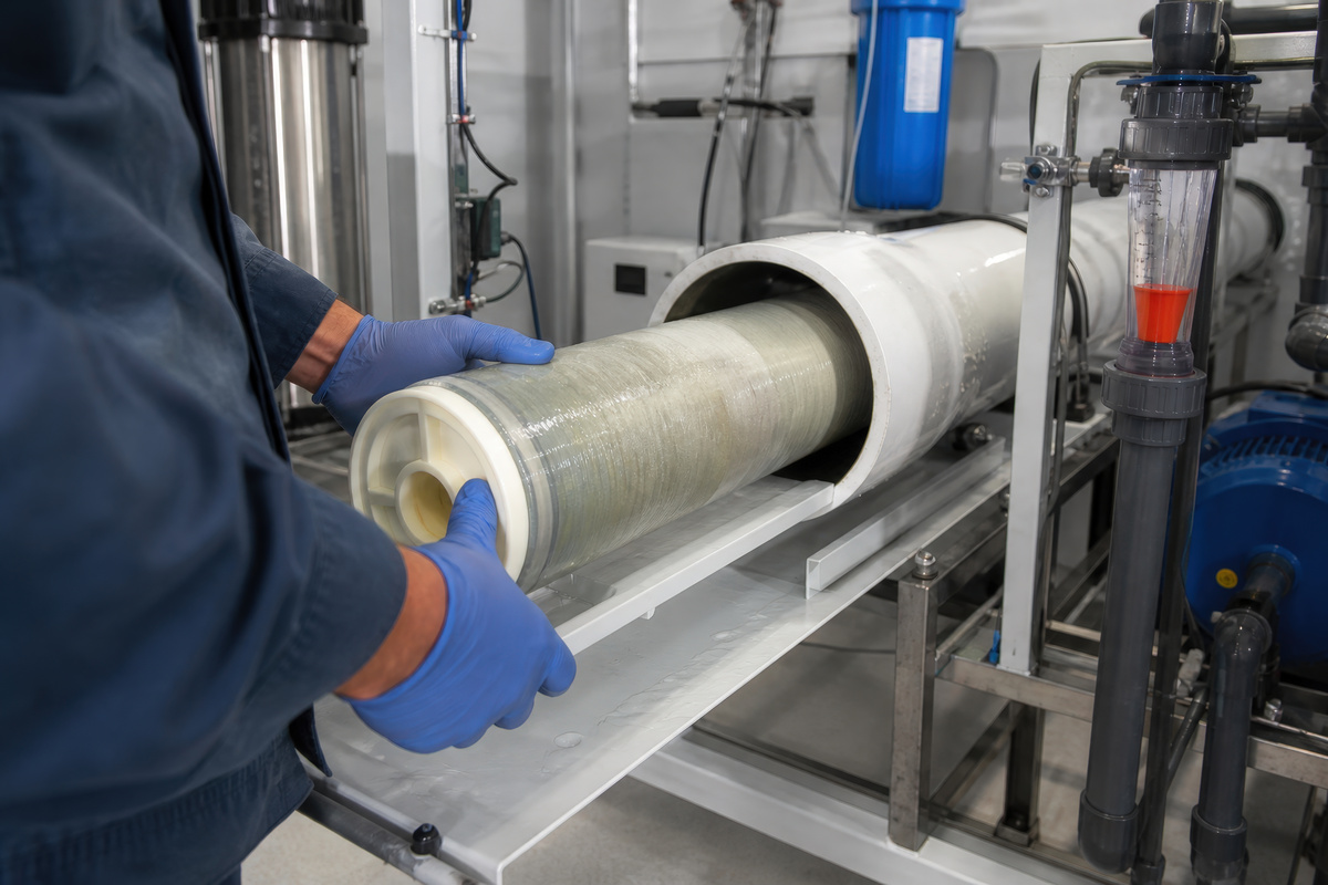 Loaded industrial filter element being removed from an open housing during a filter change.