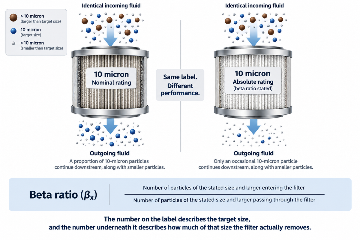 Side-by-side comparison of two 10-micron industrial filters receiving identical particle streams. The nominal-rated filter allows a noticeable proportion of 10-micron particles to continue downstream, while the absolute-rated filter with a stated beta ratio allows only occasional 10-micron particles through. A formula below defines beta ratio as the number of particles at the stated size and larger entering the filter divided by the number passing through.