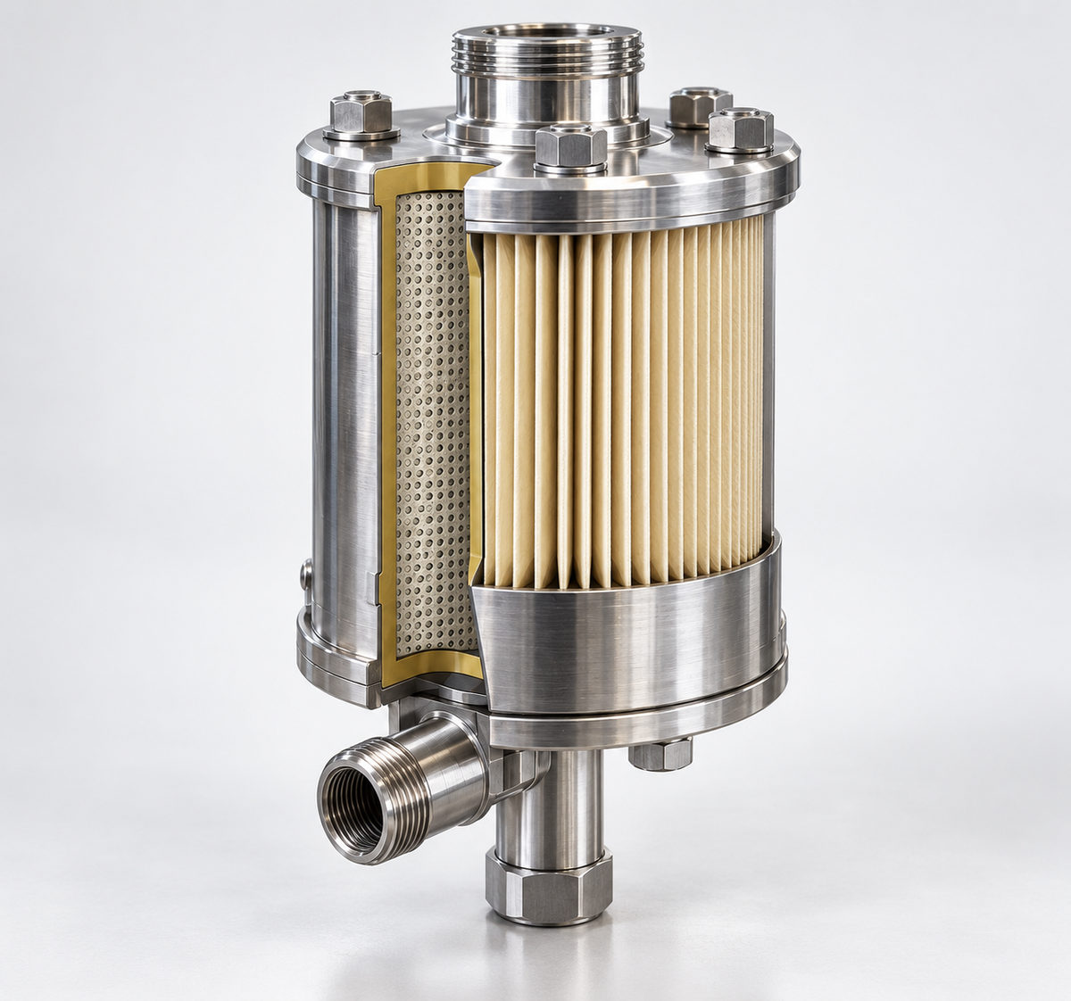 Cutaway industrial filter element showing pleated media used to capture contamination through the filter material.