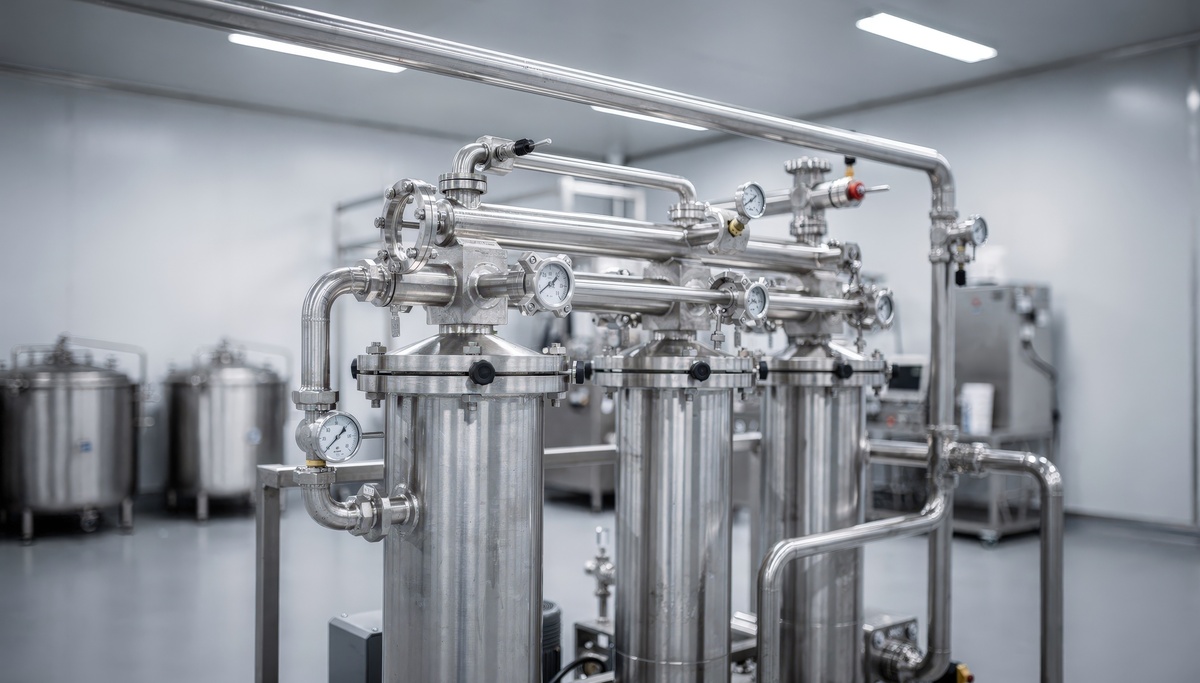 Technician replacing a pleated cartridge element in a stainless industrial filtration system with differential-pressure monitoring.