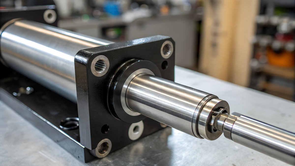 Fluid power cylinder actuating a component on industrial production equipment.