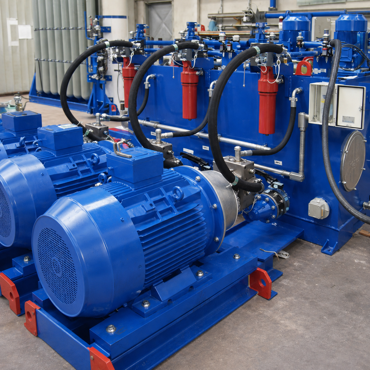 Industrial hydraulic power unit with reservoir, pump, valves, and fluid lines.