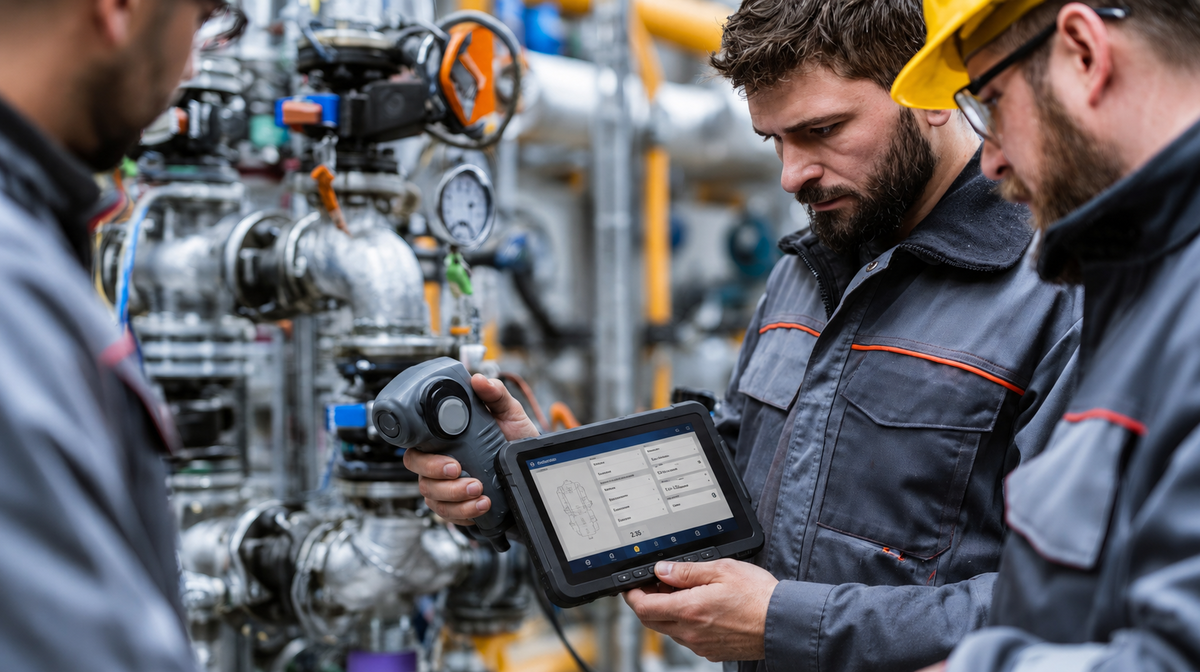 Technician checking an industrial compressed-air system for energy-wasting leaks.