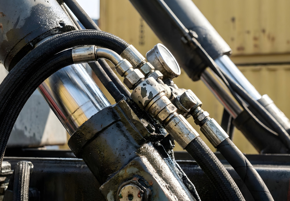 Hydraulic cylinders, valves, hoses, and fittings operating an industrial machine.