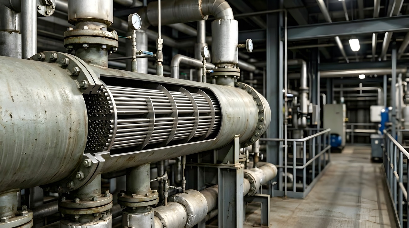 Shell-and-tube heat exchanger with internal tube bundle visible for inspection