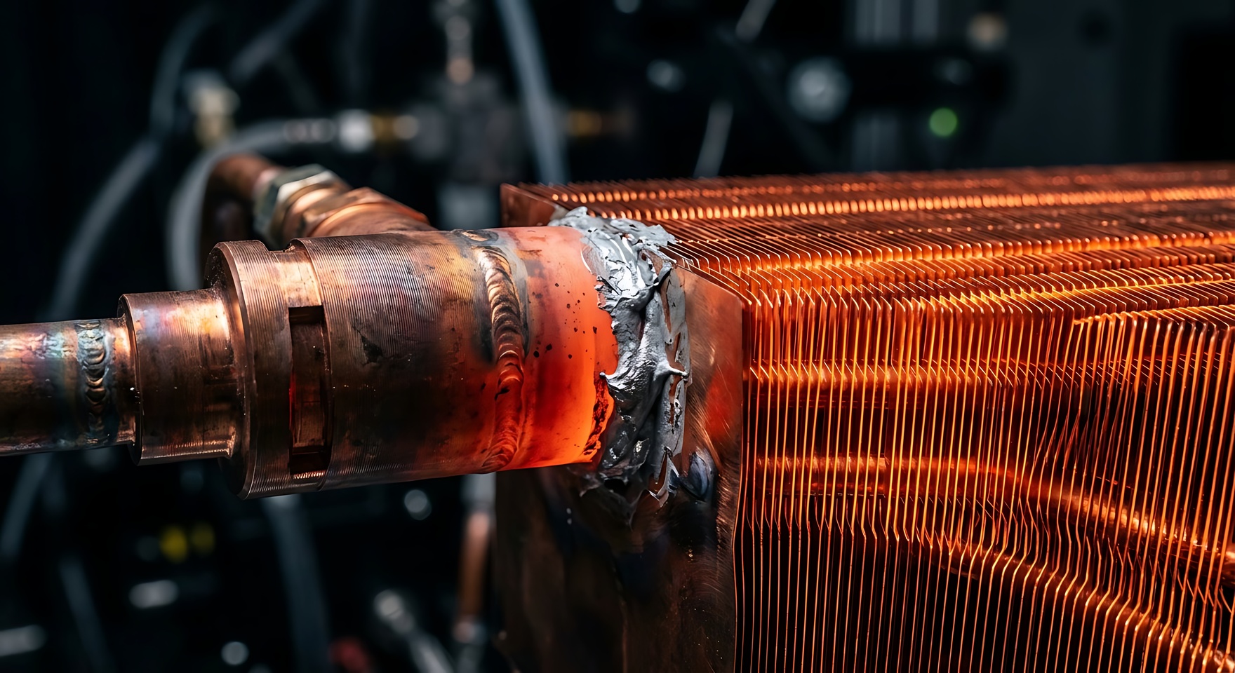 Close-up of an industrial copper heat exchanger coil with finned tubing used to transfer heat between fluids