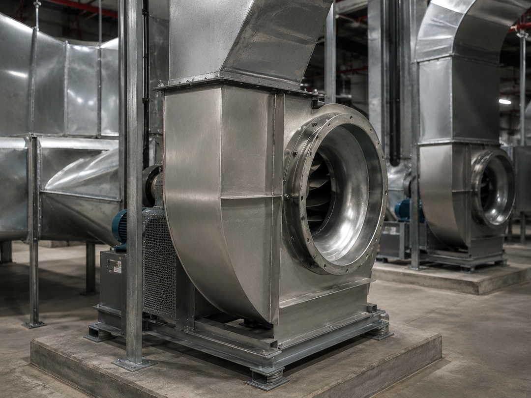 Industrial fans and blowers moving air in a plant ventilation and process system.