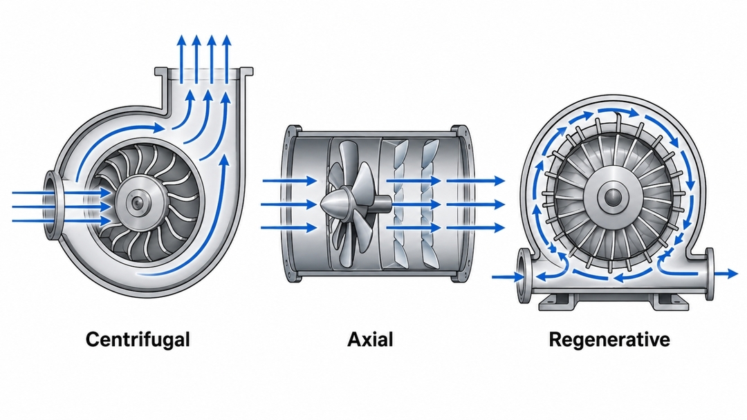 Cutaway comparison of centrifugal, axial, and regenerative blowers showing their distinct airflow paths through each fan type.