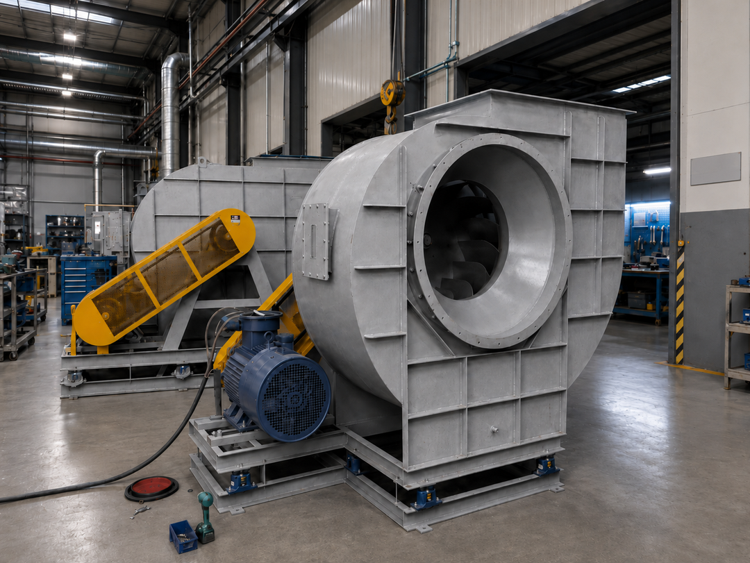 Industrial centrifugal fan with scroll housing installed on a manufacturing ventilation system.