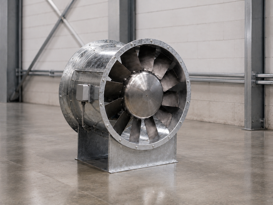 Inline axial ventilation fan installed in industrial ductwork for high-volume airflow.