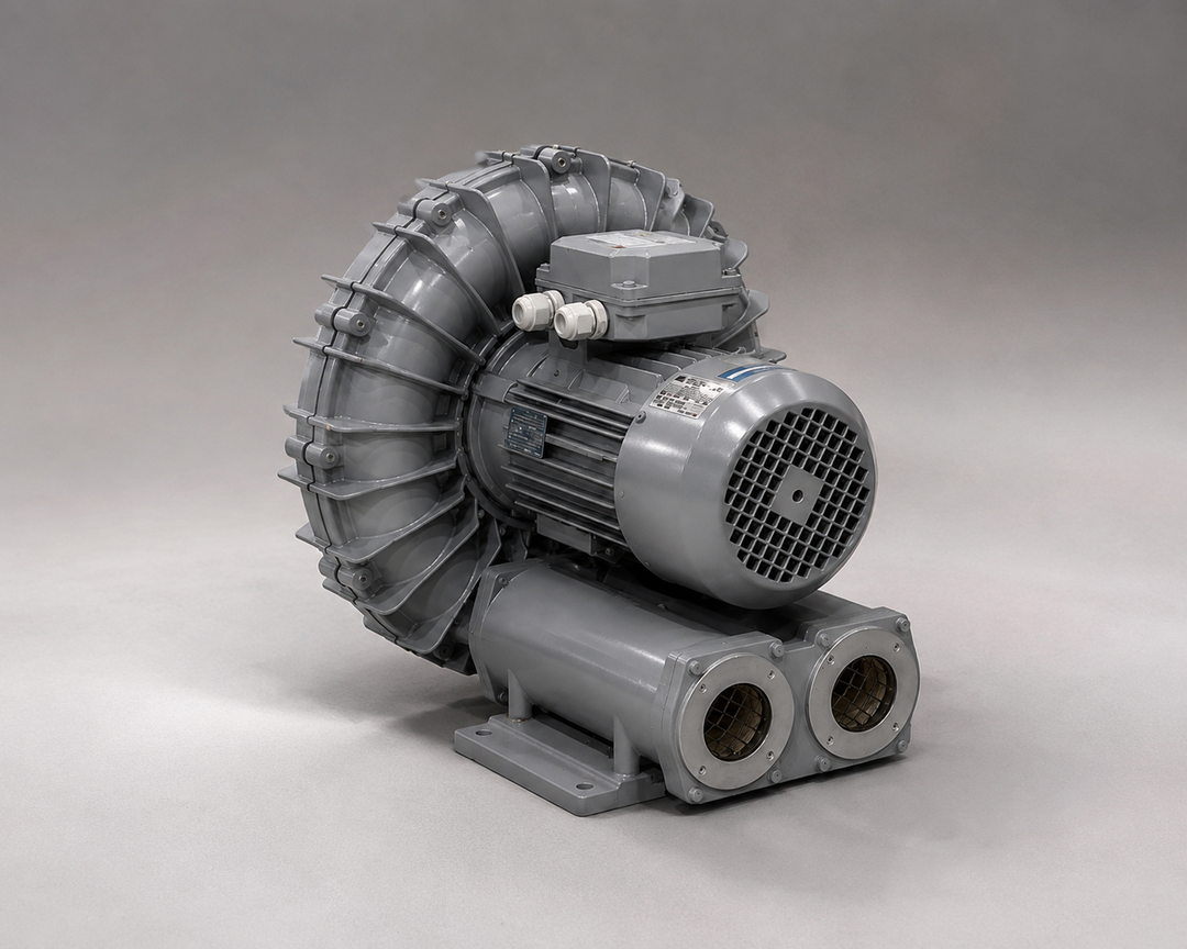 Industrial regenerative side-channel blower used for clean oil-free air and vacuum applications.